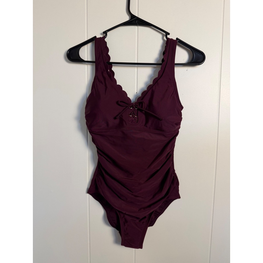 Kona Sol One Piece Swimsuit XS Burgundy Scalloped Ruched‎ Lace-Up 238130016